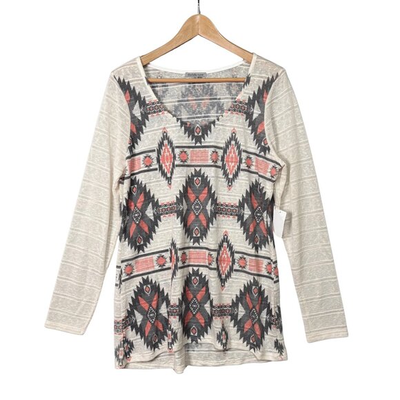 Charlotte‎ Russe Womens Aztec Round Neck Tunic Top Sz XL Long Sleeves Semi Sheer - Picture 1 of 8